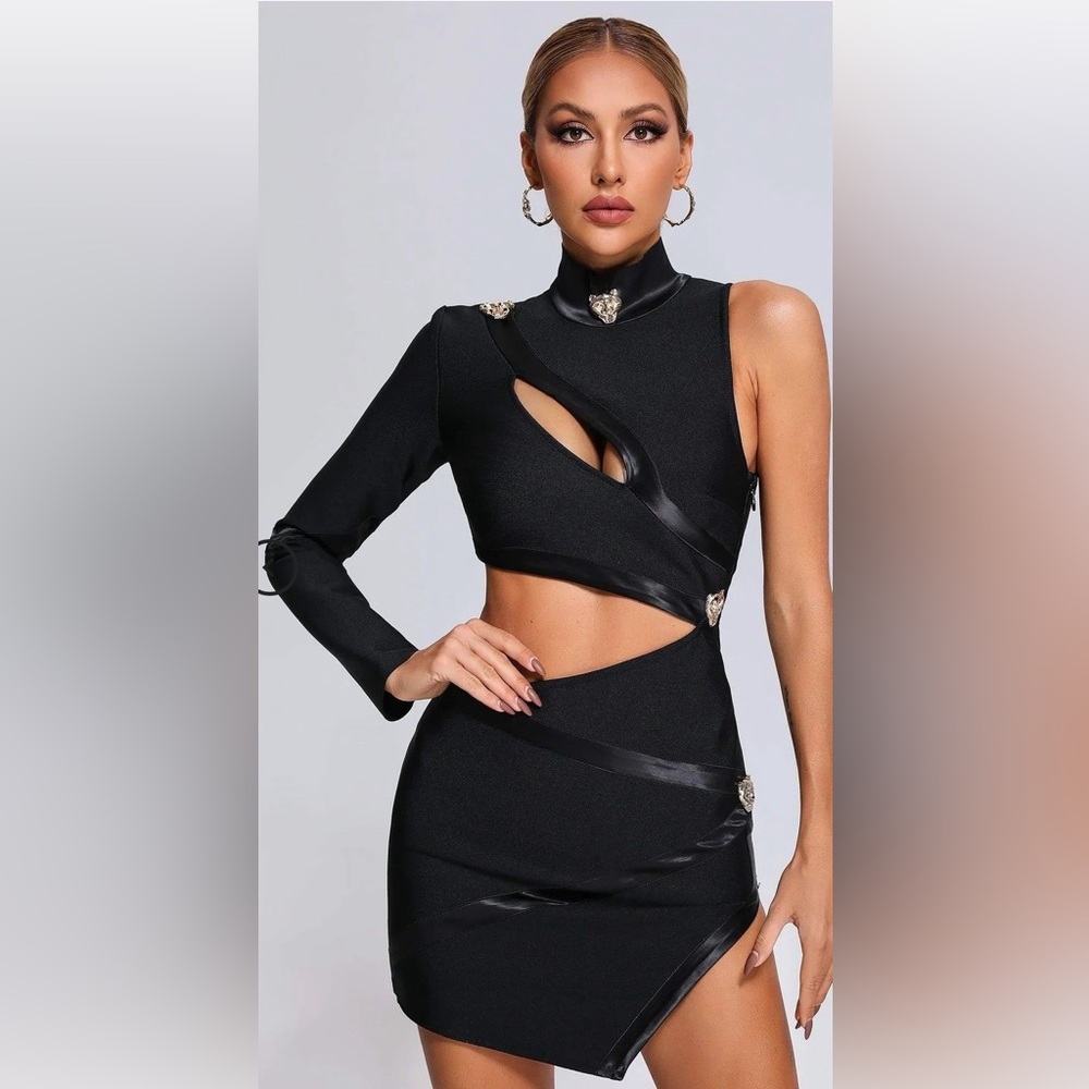 Bella Barnett Nightclub High Neck Black Cut Out Mini Cocktail Dress